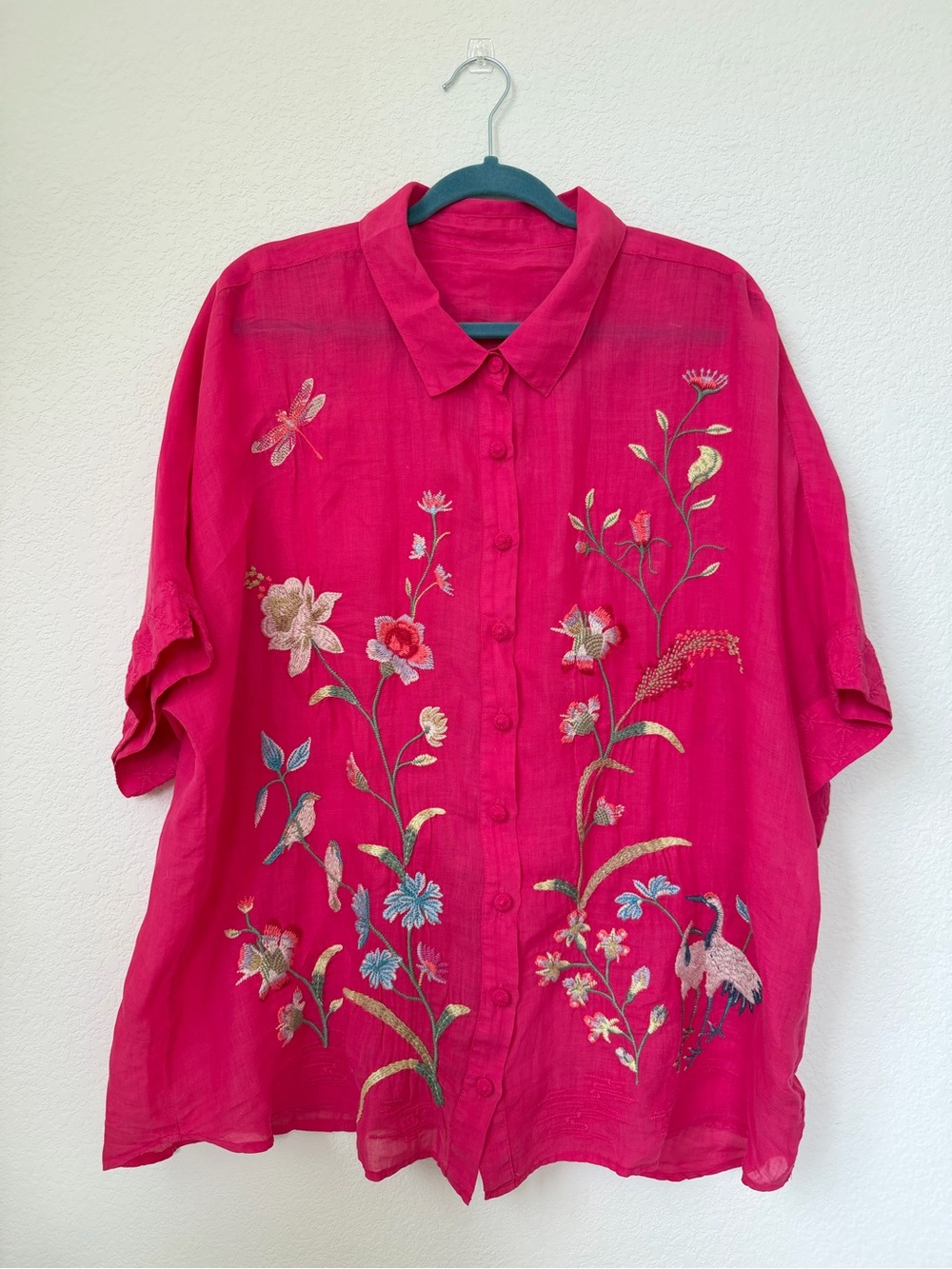 JOHNNY WAS Geniveve Relaxed Dolman Shirt Embroidered Floral Birds - Picture 12 of 13
